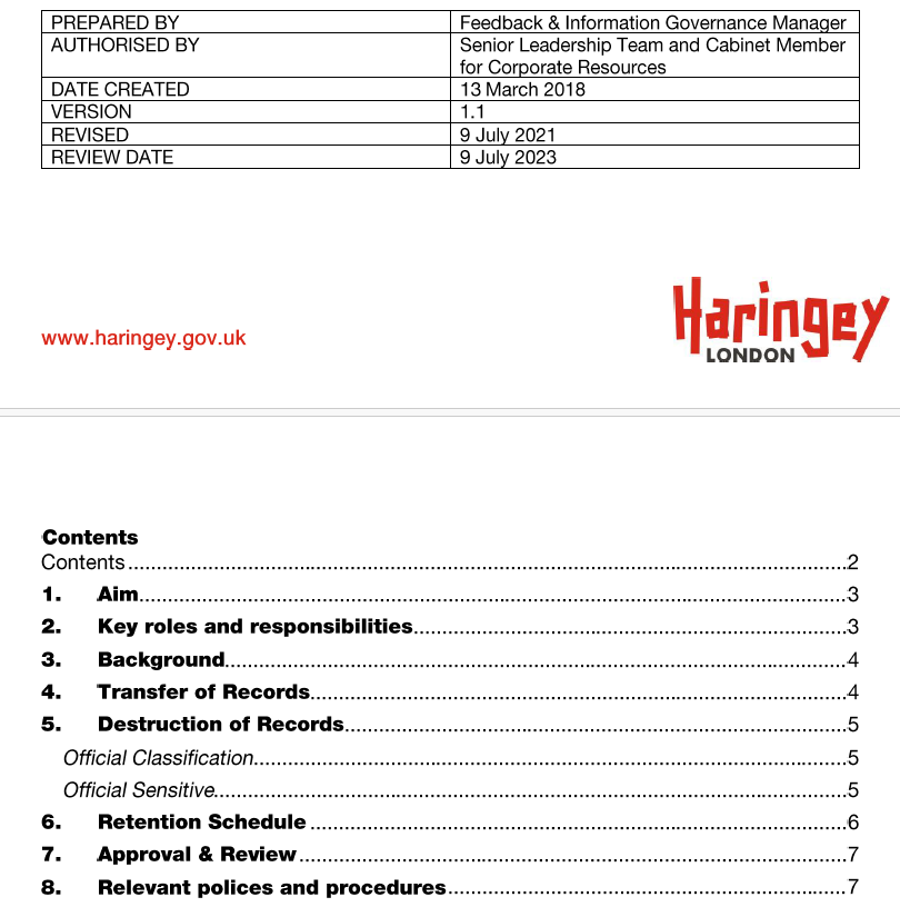 Haringey Council Records Retention Policy cover